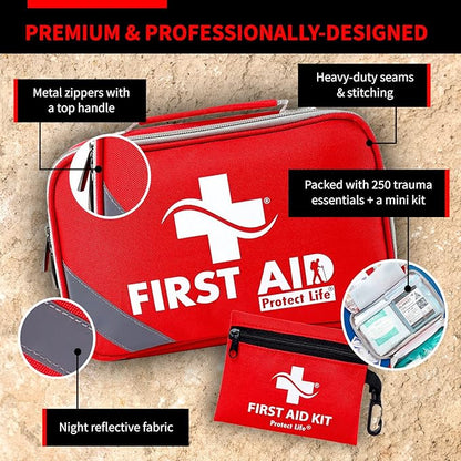 Protect Life First Aid Kit for Home/Business, HSA/FSA Eligible Emergency Kit - Medical First Aid Kit - Camping First Aid Kit Hiking - 250pcs