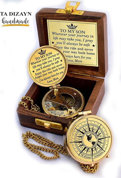 to My Son Compass with Wooden Box-Mom to Son Compass–Father to Son Gifts- to My Grandson -Graduation Day Gifts for Son-Birthday, Baptism, Graduation, Confirmation, Communion Compass for Women Men