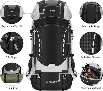 HOMIEE 50L Hiking Backpack Travel Bag Waterproof Camping Backpack with Rain Cover Lightweight Backpacking Backpack Rucksack