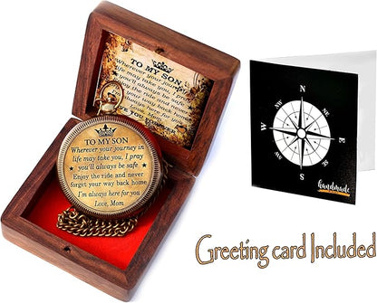 to My Son Compass with Wooden Box-Mom to Son Compass–Father to Son Gifts- to My Grandson -Graduation Day Gifts for Son-Birthday, Baptism, Graduation, Confirmation, Communion Compass for Women Men