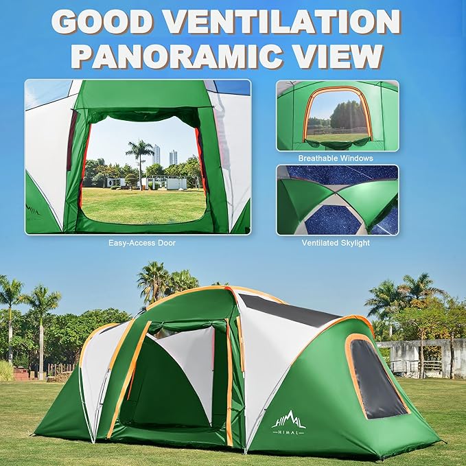 10 Person Family Tents for Camping Waterproof, Music Festival, Parties,2 Room Big Tent with 4 Large Mesh Windows, Double Layer, Easy Setup, Weather Resistant,18ft X 9ft X6.8ft
