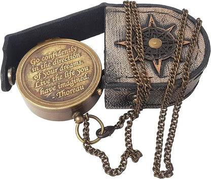 Brass Compass Engraved with Thoreau's Go Confidently Quote and Stamped Leather Case, Boys Gifts