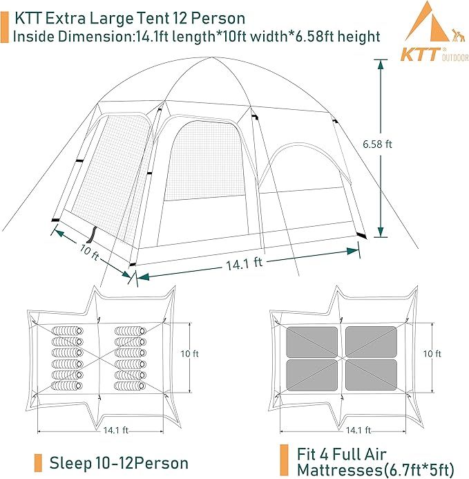 KTT Extra Large Tent 10-12-14 Person(Style-B),Family Cabin Tents,2 Rooms,3 Doors and 3 Windows with Mesh,Straight Wall,Waterproof,Double Layer,Big Tent for Outdoor,Picnic,Camping,Family Gathering