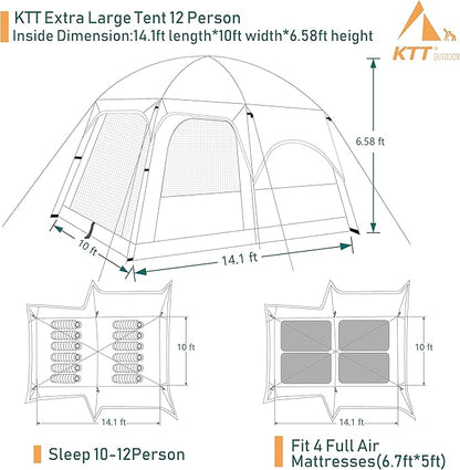 KTT Extra Large Tent 10-12-14 Person(Style-B),Family Cabin Tents,2 Rooms,3 Doors and 3 Windows with Mesh,Straight Wall,Waterproof,Double Layer,Big Tent for Outdoor,Picnic,Camping,Family Gathering
