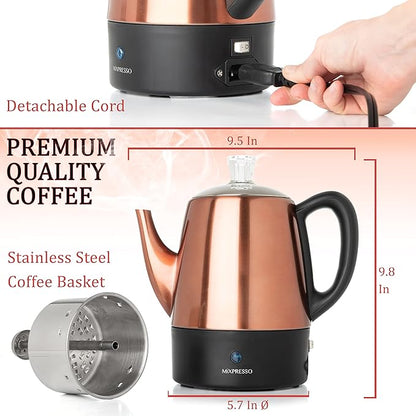 Mixpresso Electric Coffee Percolator Copper Body with Stainless Steel Lids Coffee Maker, Percolator Electric Pot - 4 Cups, Copper Camping Coffee Pot