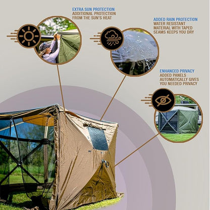 CLAM Quick Set Venture 9x9 Ft Portable Outdoor Camping Canopy Shelter, Green/Tan + Clam Quick Set Screen Hub Tent Wind & Sun Panels, Green (2 Pack)