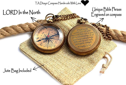 Trust in The Lord With All Your Heart - Proverbs 3:5-6 Quote Engraved Compass With Wooden Box, Greeting Card, Gift Compass, Graduation Day Gifts 2024 for Women Men Boys Girls