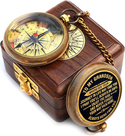 Gift for Grandson Brass Compass Engraved Quote | Memory Present to My Grandson Birthday, Baptism, Graduation, Confirmation, Love, Gift idea by Grandpa Grandma, 2025 Gift