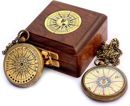 Trust in The Lord with All Your Heart -Proverbs 3: 5-6 Quote Engraved Compass with Wooden Box, Birthday, Baptism, Communion, Christmas, Graduation Day Gifts 2025 Compass for Women Mens Boy Girls