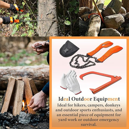 HOMEE 4Pcs Pocket Chainsaw Set with Firewood Puller,Gloves and Storage Bag,26 inches Rope Saw,11 Teeth Folding Chain Hand Saw for Outdoor Survival Camping Hunting Tree Cutting Emergency Tools