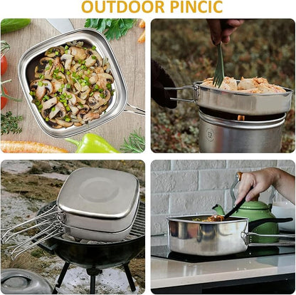 Backpacking Camping Cookware Mini Picnic Camping Cooking Mess Kit, Stainless Steel Pots Pan Plates Set for Hiking, Backpacking, Bushcraft and Picnic, Camping, Included Carry Bag
