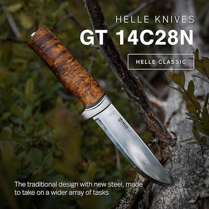 HELLE Knives - GT Triple Laminated - Fixed Blade - Classic Knife - Stick Tang - Birch Wood Handle - 14C28N Stainless Steel - Made in Norway