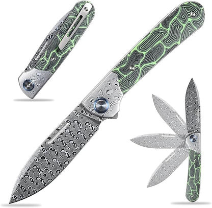 Sitivien ST256 Damascus Steel Folding Knife,Damascus Blade with Colorful G10 Handle EDC Knife for Outdoor Camping,Hiking, Fishing(Green) … …