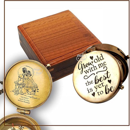 DB Grow Old Along with me Engraved Compass with Norman Rockwell Sunset Engraving, Anniversary Compass Gift for Him or Her Valentine Gift, Birthday, Long Distance, Love, Sorry