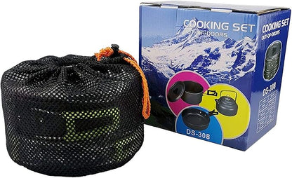 Peidesi Camping Cookware Mess Kit, Portable Camp Stove Pots and Pans Set, Carabiner, Folding Knife, Fork Spoon Kit, Carry Mesh Bag,Teapot for Backpacking, Outdoor Camping, Hiking and Picnic（16Pcs）