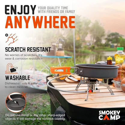 Camping Cookware Mess Kit Set with Stove - Backpacking Compact Camping Cookware, All in One Non-Stick Camping Cooking Set, Portable Stove, Hiking, Picnic, Outdoor & Camping Cookware Set