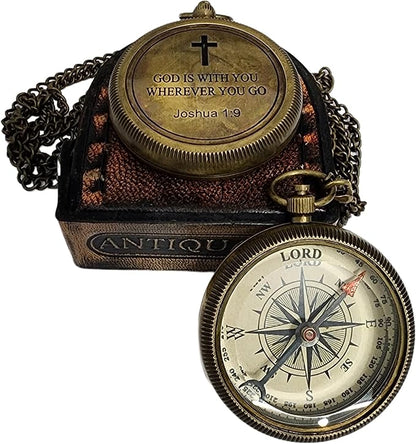 Brass Compass Unique Print 'GOD is with Yout' Engraved Compass with Leather Case and Chain A Great Gift Item for Your Loved Ones