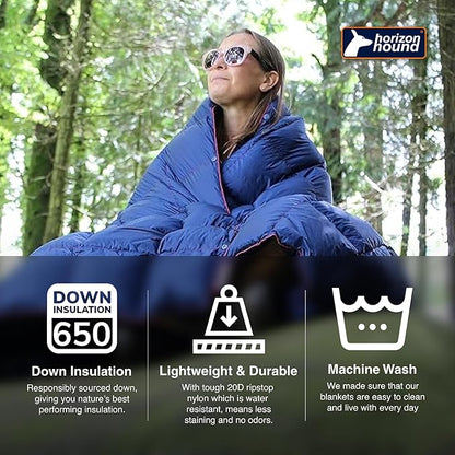 Horizon Hound Down Camping Blanket - Outdoor Travel Quilt | Sustainable, Insulated, Lightweight & Warm Gear for Sleep, Camping, Stadium, Hiking & Festivals | Water Resistant, Packable & Compact