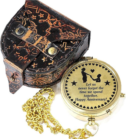 Brass Compass Unique Print ' Happy Anniversary ' Engraved Compass with Leather Case and Chain A Great Gift Item for Your Loved One