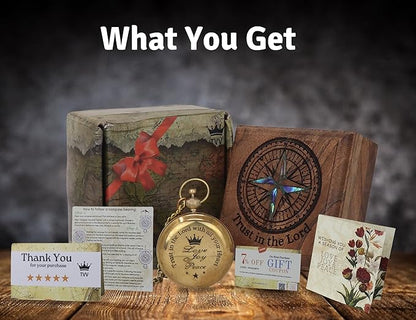 TVV-Christian Compass Gift for Him – Solid Brass Pocket Compass with Bible Verses – Baptism Gifts for Boys, Religious Compass Gift for Graduation, Confirmation – Includes Wooden Box & Greeting Card