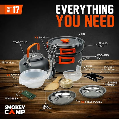 Camping Cookware Mess Kit Set with Stove - Backpacking Compact Camping Cookware, All in One Non-Stick Camping Cooking Set, Portable Stove, Hiking, Picnic, Outdoor & Camping Cookware Set
