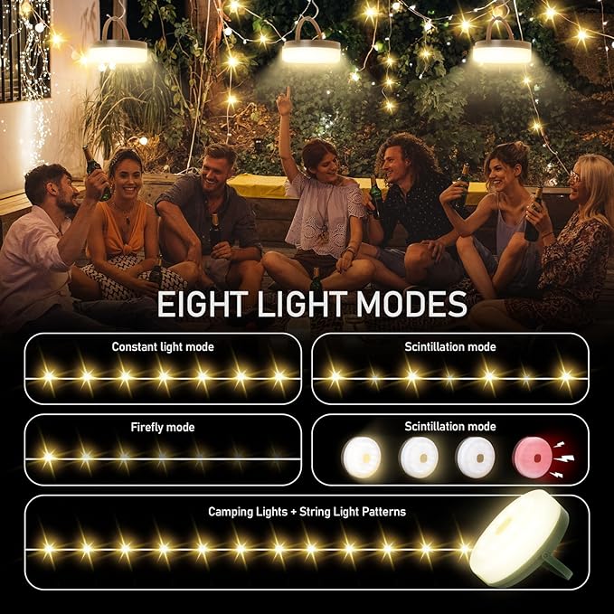 Camping String Lights,Solar Rechargeable Portable Outdoor LED String Light with Remote Control(39.4 Ft Warm Light),Yard Tent Hanging Garden Party Festival Decor Waterproof String Lights