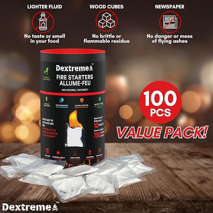 Quick Instant Fire Starter 100Pcs - Waterproof All-Purpose Indoor & Outdoor Firestarter, for Charcoal Starter, Campfire, Fireplace, BBQ, Survival and Wood Stove - Odorless and Non-Toxic