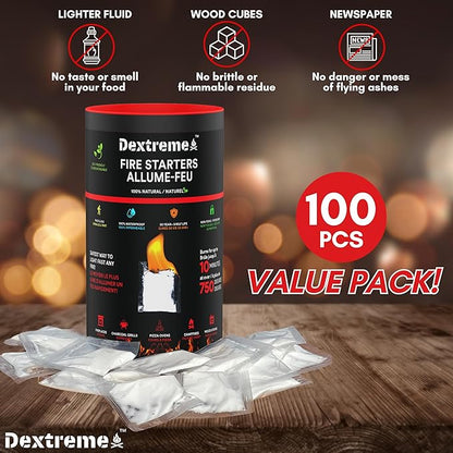 Quick Instant Fire Starter 100Pcs - Waterproof All-Purpose Indoor & Outdoor Firestarter, for Charcoal Starter, Campfire, Fireplace, BBQ, Survival and Wood Stove - Odorless and Non-Toxic