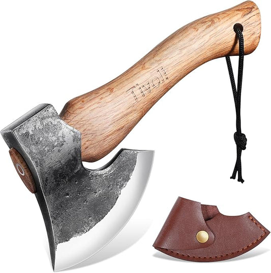 Tivoli 9-inch Small Hatchet Camping Axe, Small Bushcraft Axe for Chopping Wood, Survival Axes and Hatchets, Hand Forged Carbon Steel Carving Axe, Ash Wood Handle, Retro Sheath