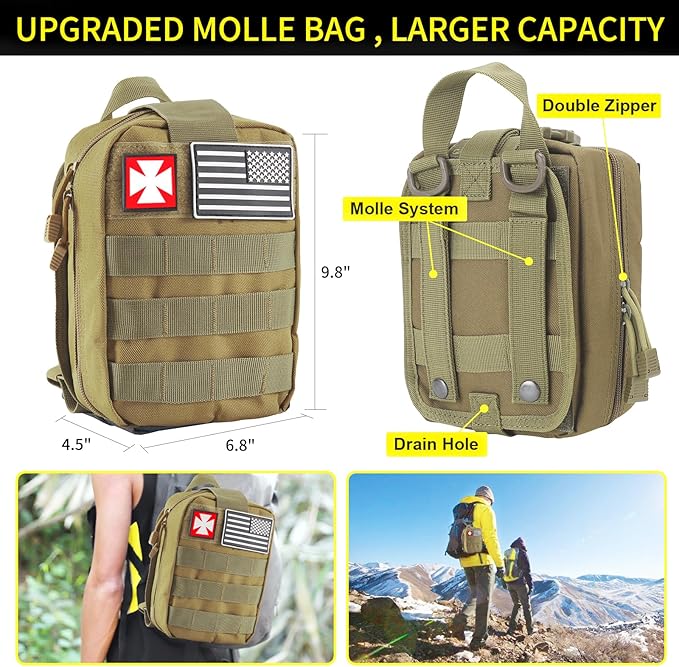 Survival Kit and First Aid kit, 160 Pcs Emergency Supplies Camping Accessories with Upgraded Molle Bag, Gifts for Men and Women Outdoor Adventure Camping Hiking Hunting