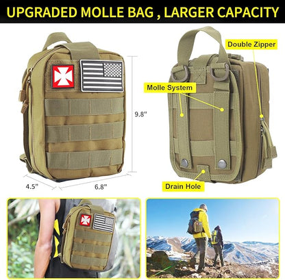 Survival Kit and First Aid kit, 160 Pcs Emergency Supplies Camping Accessories with Upgraded Molle Bag, Gifts for Men and Women Outdoor Adventure Camping Hiking Hunting