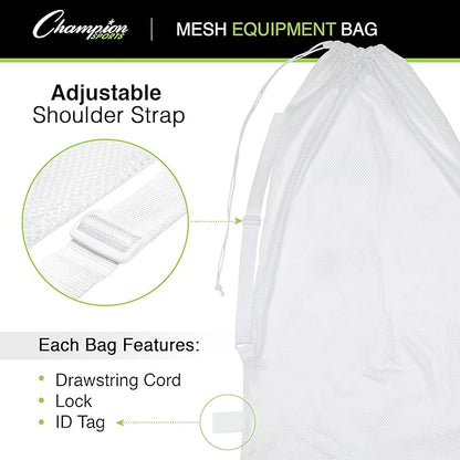 Champion Sports Mesh Equipment Bag – Heavy-Duty Nylon Drawstring Bag with Lock & ID Tag, Breathable Storage Sack for Balls, Swim Gear, Laundry & Toys, Multiple Sizes & Colors