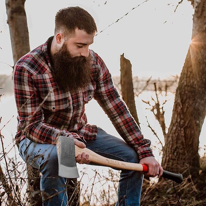 Adler - The Yankee Axe, Hickory Wood, Leather Sheath, German Made, Anti-Slip Head 1.35 pounds, Handle 19.5 inches (Red Stripe)