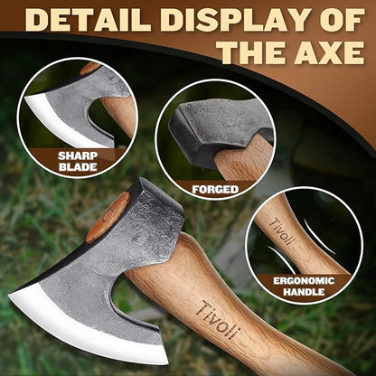 Tivoli 15 Inch Camping Axes and Hatchets, Bushcraft Axe for Wood Splitting and Kindling,Hand Forged Carbon Steel Chopping Axes Ash Wood Handle with Sheath for Camping and Survival