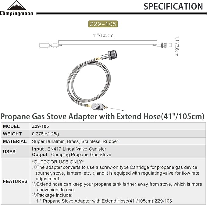 CAMPINGMOON Camping Grill Propane Gas Stove Adapter with Extend Hose(41"/105cm), Input: EN417 Lindal Valve Canister, Output: Propane Gas Stove Z29-105