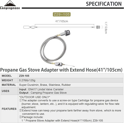 CAMPINGMOON Camping Grill Propane Gas Stove Adapter with Extend Hose(41"/105cm), Input: EN417 Lindal Valve Canister, Output: Propane Gas Stove Z29-105