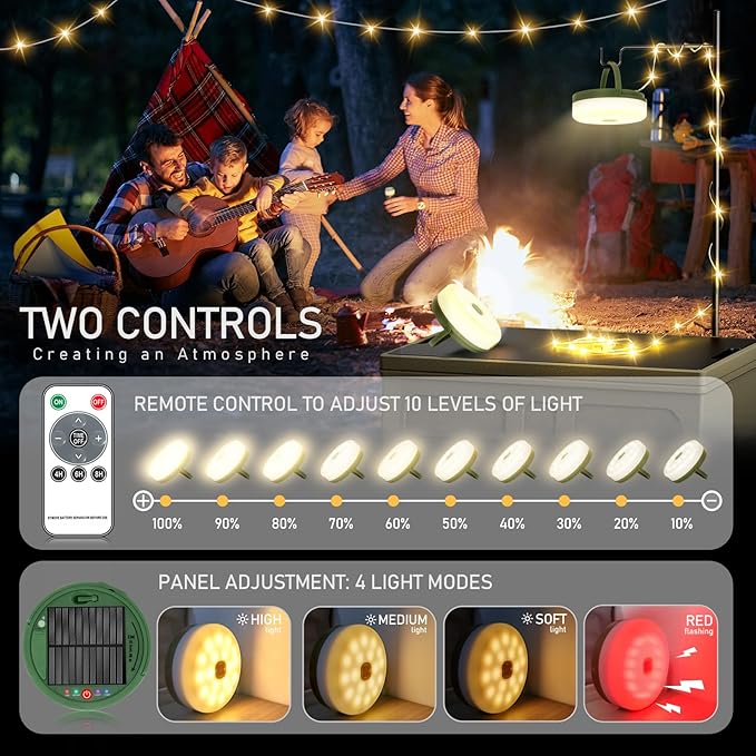 Camping String Lights,Solar Rechargeable Portable Outdoor LED String Light with Remote Control(39.4 Ft Warm Light),Yard Tent Hanging Garden Party Festival Decor Waterproof String Lights