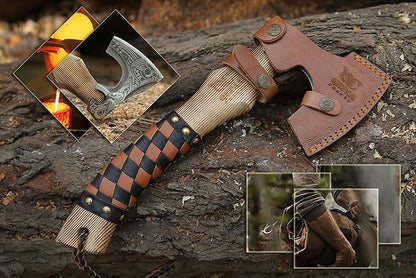 13” Inch Valhalla Axe – Carbon Steel Viking Axe Head with Engraved Handle, Hatchet Axe with Genuine Leather Sheath and Wrap, Camping Axe, Throwing Axe -Viking Gift for Men