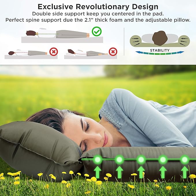 IFORREST Camping Pad with Armrest & Pillow - Self-Inflating Air Mattress - Rollover Protection - Ultra-Comfortable Mat - Lightweight for Tent, Cot, Backpacking(L/XL)