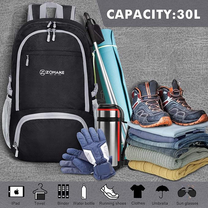 ZOMAKE Lightweight Packable Backpack 30L, Foldable Hiking Backpacks Water Resistant Compact Folding Daypack for Travel(Black)