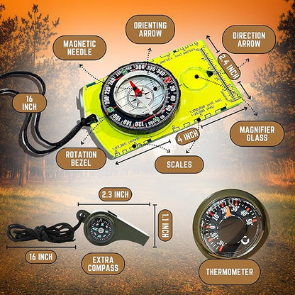 Pack of 2 Orienteering Compass Hiking-Compasses boy Scout Kids- Magnetic Gear Set Navigation map- Brujulas orientacion-Backpacking Camping Hunting Survival.