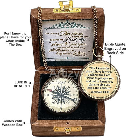 For I Know The Plans I Have For You Brass Magnetic Compass Engraved with Scripture Jeremiah 29:11, Directional Compass, Religious Gifts For Men, Easter Gifts For Teen Boys