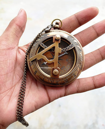 PORTHO Engraved Sundial Compass with Leather case for Traveler Inspirational Adventurer Wedding Baptism Gift for him