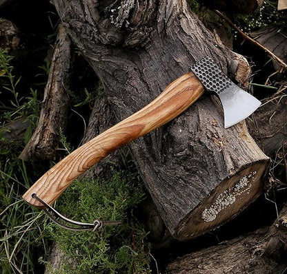 HotSteel Carving Axe Hand Forged Camping Axe with Sheath - Bushcraft Hatchet Camping Small Axe with Wood Handle - Bearded Wooden Axe Survival Hatchet Axe for Chopping Wood and Gardening