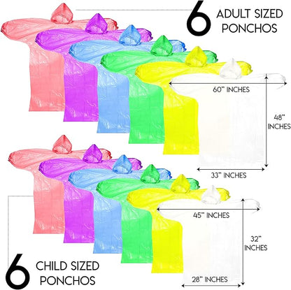 Lingito Rain Ponchos Family Pack - Emergency Drawstring Hood Poncho for Children & Adults Lightweight Reusable or Disposable