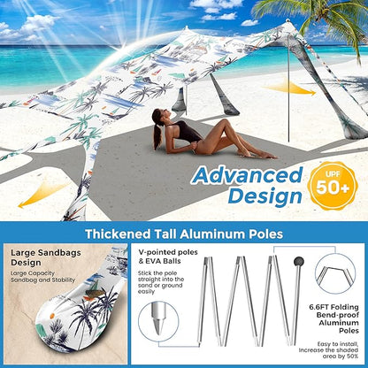 Beach Canopy Beach Tent Pop Up Shade 10x10ft Sun Shelter UPF50+ with 8 Sandbags-2 Sand Shovel-4 Aluminum Poles-Ground Pegs-Portable Carrying Bag for Outdoor Family Camping Fishing Yard Picnic
