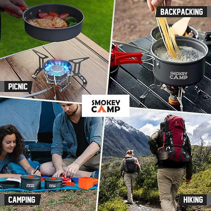 Camping Cookware Mess Kit Set with Stove - Backpacking Compact Camping Cookware, All in One Non-Stick Camping Cooking Set, Portable Stove, Hiking, Picnic, Outdoor & Camping Cookware Set
