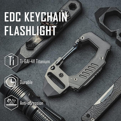 KeyUnity KF02 Titanium Multitool Carabiner Clip, 7 in 1 Multifunctional Keychain Flashlight for Camping, Hiking & Outdoor Activities