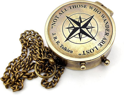 Handcrafted Brass Compass Not All Those Who Wander are Lost Antique Dial Marine Brass Compass Sailor Gifts Direction Pocket Compass for Men, Camping, Graduation Gift Vintage Home Item with wooden Case
