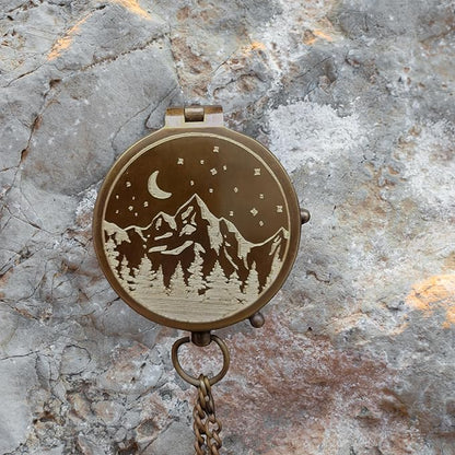 Antique Brass Compass with Leather Case - Mountains & Roads Engraved Pocket Compass for Men - Genuine Leather Pouch Stamped with 'For Your Adventures' - Vintage Gift for Husband, Father & Son